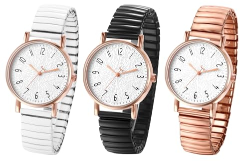 JewelryWe Uhren Damen Elastisch Edelstahl: 3pcs Einfache Analog Quarz Armbanduhr Frauen Edelstahl Stretch Armband Uhr mit leicht ablesbar arabischen Zahlen Zifferblatt