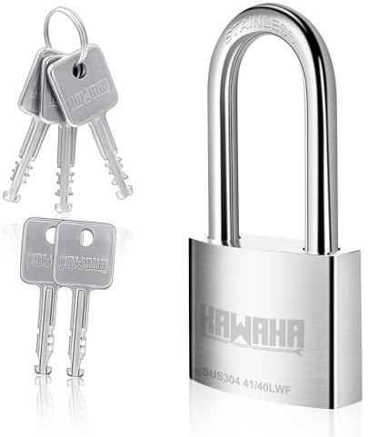 KAWAHA 41/40LKD-5SK Vorhängeschloss mit langem Bügel, Hochsicherheit, Edelstahl, mit Schlüssel, für den Innen- und Außenbereich (robust, rostfrei) (40 mm, L – 5 Edelstahlschlüssel)