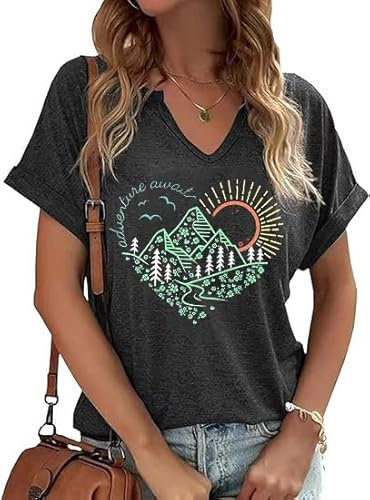 V Neck Shirts for Women Hiking Camping Blouse Outdoor Adventure Tshirts Travel Tops Graphic Tee(SEC02DGR,Medium)