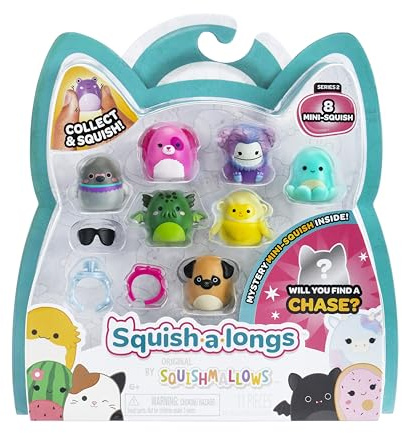 Squish-a-Longs Lot de 8 Mini-Squish de 2,5 cm (Style 1 - W2) - avec (2) Accessoires, (1) Anneau et Un Guide de Collection - Collectionnez, échangez et jouez