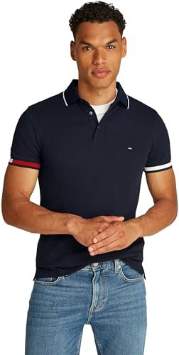 Tommy Hilfiger Herren Poloshirt Kurzarm Flag Cuff Slim Fit, Blau (Desert Sky), XL