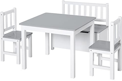 HOMCOM Mesa y Sillas Infantiles de 4 Piezas Mesa Infantil con 2 Sillas y Banco con Almacenaje Juego de Muebles para Actividades para Niños de +3 Años para Dormitorio Sala de Juegos Gris y Blanco