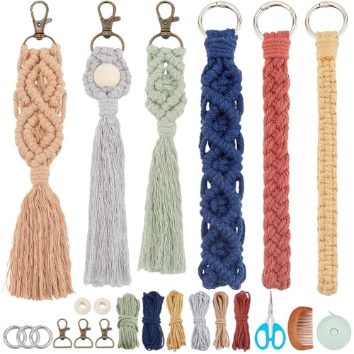 INFUNLY 6 Sets DIY Macrame Boho Keychain Kits for Beginners Colorful Cotton Macrame Wristlet Kit with Instructions Handcrafted Macrame Keychain Kit with Tassel for Strap Phone Bags Women Charm Gifts