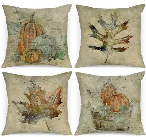 Benjia 4 Pezzi Federe Cuscini Autunno Copricuscini 40x40 cm, Acquerello Zucca Foglia d'acero Decorativi Halloween Giorno del Ringraziamento per Cuscino Divano Letto casa Decorazione 40 x 40 cm