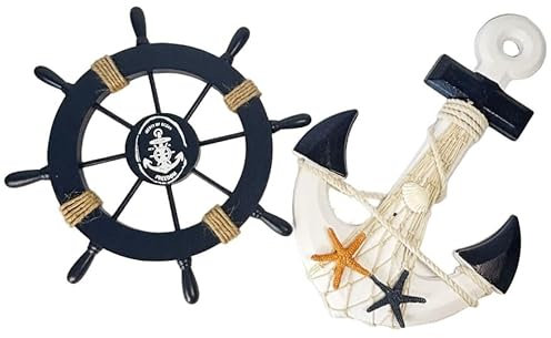 Accessori da Appendere Tema Mare 2 Pz Decorazione da Parete Ancora e Timone,Timone Barca in Legno,Decorazione a Forma di Ancora da Parete Set 28cm Corsaro Timone 33cm Ancora Nautico (Dark Blue)