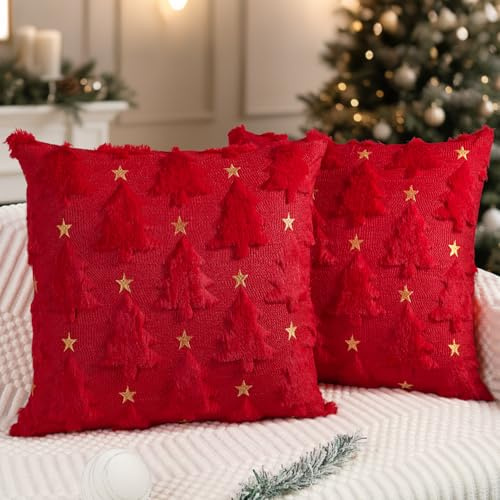 Miaikoe Julkuddfodral 50 x 50 cm set med 2 röda julgransstjärnor kuddfodral mjuk plysch fuskpäls för semester vinter hem tränare soffa dekorationer