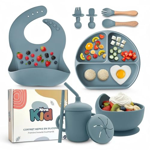 Baby Silikon Geschirr Set, Kindergeschirr Set mit BabyTeller mit Saugnapf, Geschirrset Baby für Beikost & selbstständiges Essen, besteckset ab 6 monate, Essen zubehör & BLW Zubehör ohne BPA