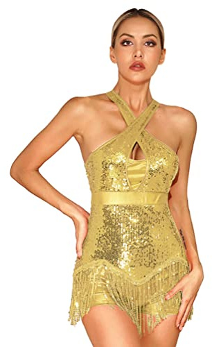 dPois Combinaison de danse à franges pour femme paillettes étincelantes Dorée Danse latine tango rumba cha-cha-cha samba spectacles