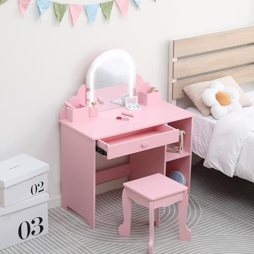 GarveeHome Tocador para niños con Espejo Iluminado, Mesa y Taburete 2 en 1 para niñas pequeñas, Maquillaje para niños con cajón y estantes Abiertos para niñas de 3 a 9 años, Color Rosa
