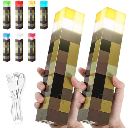 2 lámparas artesanales de pared con forma de antorcha - 28 cm lámpara de noche recargable 7 colores, iluminación de mano/pared con gancho, lámpara de noche con carga USB para niños, regalos, cosplay