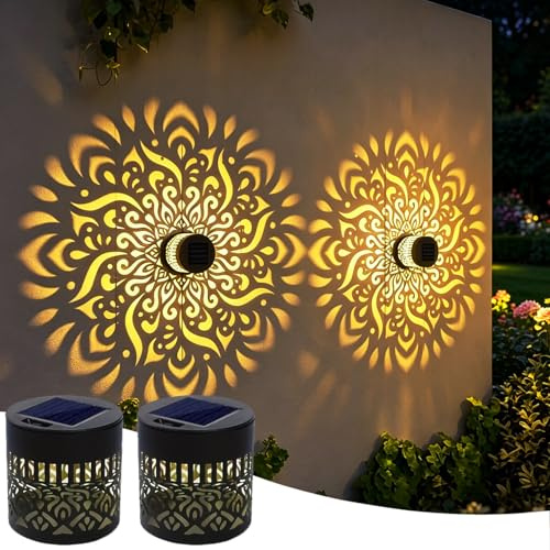Farolillos Solares Exterior, Mandala Metal Impermeables Luces Solares LED Exterior Jardin Lamparas Solares para Terraza Pared Mesa Colgantes Farola Decoracion (2 piezas)