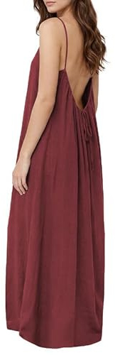 Xiaoliny Robe D'été Longue Femme Chic et Elegant Décolleté Rond Dos Nu Maxi Robes à Bretelles Spaghetti Sexy sans Manches Ample Fluide Bohème Robe de Plage Couleur Unie Décontractée Robes Vacances
