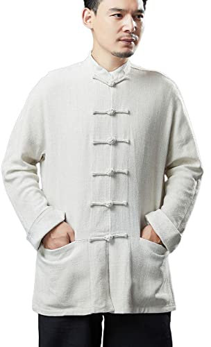 NFYM Herr höst bomull linnejacka kinesisk traditionell Tang kostym Tai Chi Kung Fu button down skjorta, BEIgE, M
