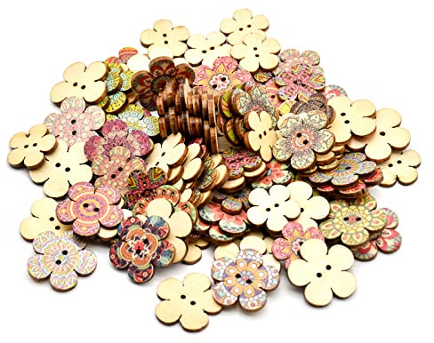 Skyzone Wooden Buttons,100PCS Flower Shape Buttons Retro Craft Button Handmade Colorful Printed Decorative Buttons with 2 Holes for Cardigans Knitting DIY Sewing Crafts (20mm and 25mm 50Pcs Each)
