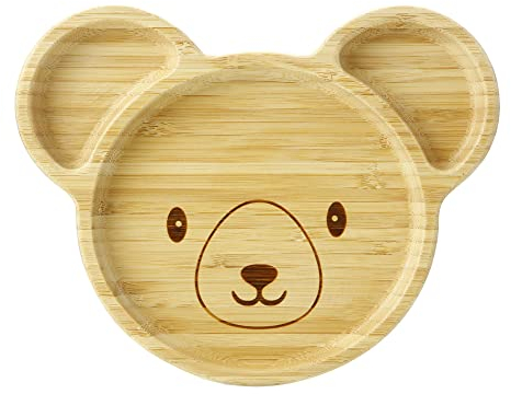 PandaEar Platos de madera de bambú para bebé con succión, divididos, irrompibles, antideslizantes (forma de Panda)