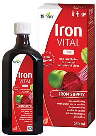 hübner Iron Vital Liquid Iron Supply Plus Vitamin C, Dietary Supplement for Adults and Kids, Vegan and Gluten-Free, Fruit Flavor, 250 ml Bottle, 25 Servings