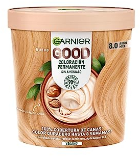 Garnier GOOD Permanent Hair Dye, 8.0 Honey Blonde. Guarantees 100% grey coverage and 8-week colour. No ammonia, vegan shea butter formula for luminous honey blonde on all hair types.