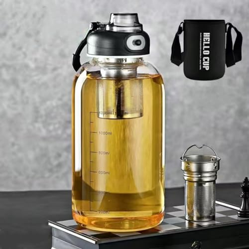 Glas-Tee-Becher mit Teesieb, 1500 ml, große Glas-Wasserflasche mit Hülle, Tee-Ei-Flasche mit Verschlussdeckel und direktem Trinkauslauf, wiederverwendbare Sport-Wasserflasche für Fitnessstudio,