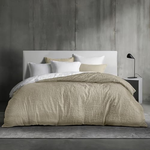 Dreamzie Funda Nordica Cama 135 - Juego 3 Piezas (1 Funda 200x200 cm + 2 Almohada 80x80 cm) - Algodón Efecto Lino Lavado - Cremallera Oculta - Oeko-Tex - Color Beige