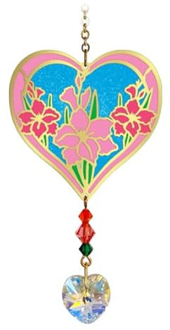 Mobile attrape-soleil en forme de fleur - Effet vitrail - Cœur en cristal étincelant - Orné de perles faites à la main (août - glaïeul)