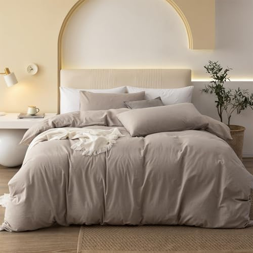 Gezu Biancheria da letto 200 x 200 cm, in cotone, marrone, cachi, tortora, 3 pezzi, colore beige, lino, tinta unita, letto matrimoniale, set di biancheria da letto in morbido cotone, copripiumino e