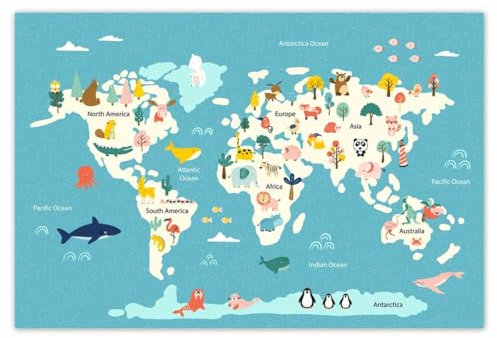 Tapet icke-vävd 104 x 70 cm världskarta med djur nr. H10526M_TV5BL