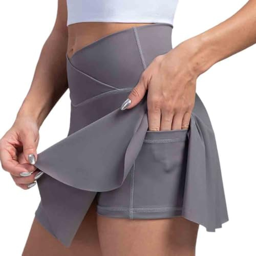 seiveini Falda Deportiva para Mujer Mini Faldas de Tenis Cintura Alta con Pantalón y Bolsillos Interior Skorts de Golf 2 en 1 A Gris M