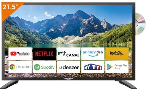 Antarion Smart TV 21,5 (55 cm) Android 14 Connecté WiFi + Lecteur DVD + Bluetooth - 12V/24V/220V - Camping Car Fourgon Poids Lourd Bateau Cuisine - Garantie 2 Ans