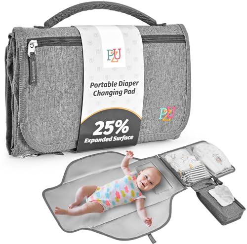 PZU Portable Diaper Changing Pad - Changing Pad Portable with Wipes Pocket, Waterproof Diaper Changing Mat, Portable Changing Pad for Baby, Newborn Gift（Grey）