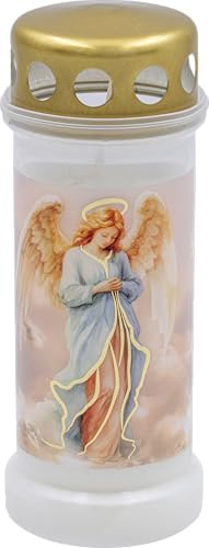 Bolsius Grave Light – White with Angel Motif - Pack of 12– Length Burning Time 70 Hours – Funeral Candle & Memorial Candles – Clean Burning – Without Palm Oil