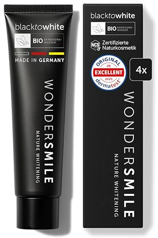 Wondersmile Aktivkohle Zahnpasta Mint – sanftes Whitening - Fluorid 1450 ppm - inkl. BIO Sanddornwasser & Hyaluron - NCS-zertifizierte Naturkosmetik - 100% vegan (4er Pack)