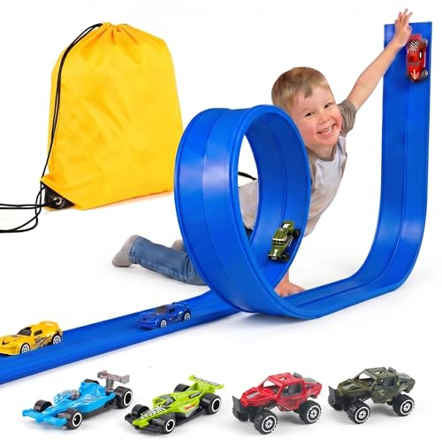 Kosmoflux Car Track Flexible Racing Track with 4 Die-Cast Cars and Portable Storage Bag, Race Car Toy for Loops, Jumps, Ramps, Indoor Outdoor STEM Gift for Boys Girls 3-8 Years (Blue)