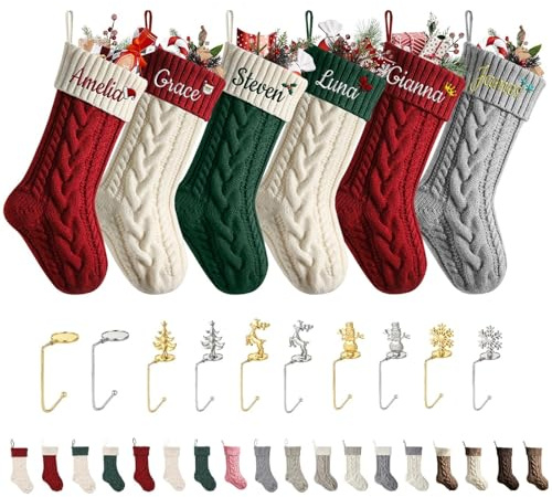 papasgix Personalised Christmas Stockings Custom Embroidery Name Christmas Stocking 18” Large Knit Knitted Xmas Stocking Home Christmas Decorations Cards Hook (1PC Coloured Twist-pattern/name)