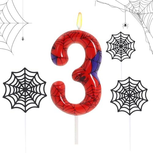 Vela de cumpleaños de telaraña, Velas Cumpleaños 3 Años, Vela Decorativa De Pastel, Decoración Tarta Fiestas para Niños Niñas (Número 3)-9.2CM