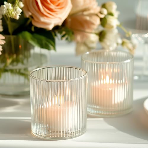 Efavormart 12 Pack Glass Votive Candle Holders – Clear, 2.5 Ribbed Tealight Cups for Tabletop Lighting