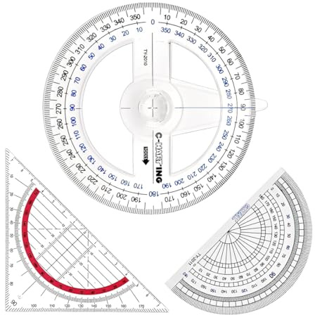 FHRYNA Set di 3 goniometri, righello triangolare, goniometro circolare, righello in plastica trasparente a 360 gradi, strumento geometrico, adatto a studenti, impiegati e designer