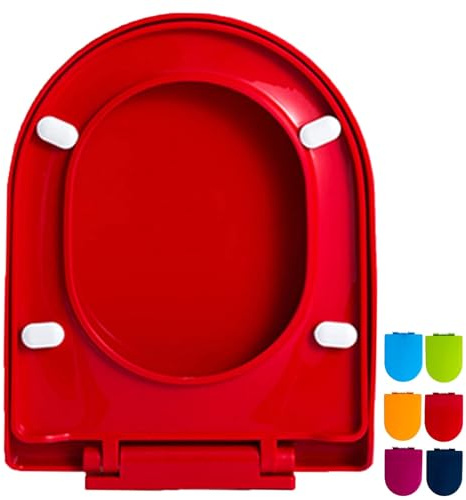 Asiento de inodoro con forma de D de cierre suave, asiento azul y rojo de liberación rápida, fácil de limpiar, bisagras universales ajustables, cubierta antideslizante para inodoros redondos