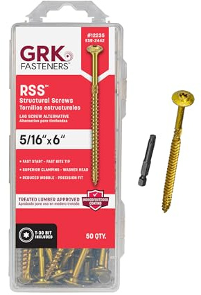 GRK Fasteners RSS™ 5/16 x 6 Inch, Structural Screws, 50 PCS, Rust Resistant Climatek™ Coating, Heavy-Duty Framing & Decking Screws, Fast Bite Tip, Star Drive Recess, T-30 Bit Included, Gold