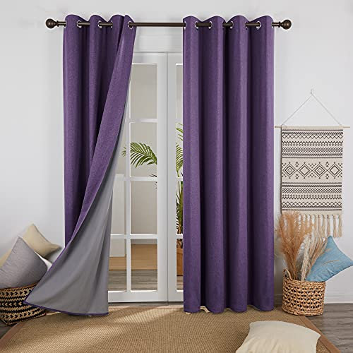 Deconovo Set of 2 Blackout Curtains Faux Linen Curtains with Eyelets Window Curtains for Bedroom 117 x 138 cm Purple Grape