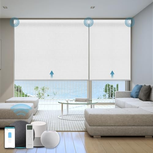 WEFFORT Motorized Roller Shade, 100% Blackout Smart Window Blinds Work with Homekit, Alexa, Google Home, Remote Control, Electric Blinds with USB/Solar Pannel Charging, Texture White