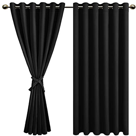 DWCN Black Blackout Curtains 90x90 Inch for Bedroom with Tiebacks 2 Panels | Thermal Insulated Noise Reducing Energy Saving Eyelet Curtains for Living Room
