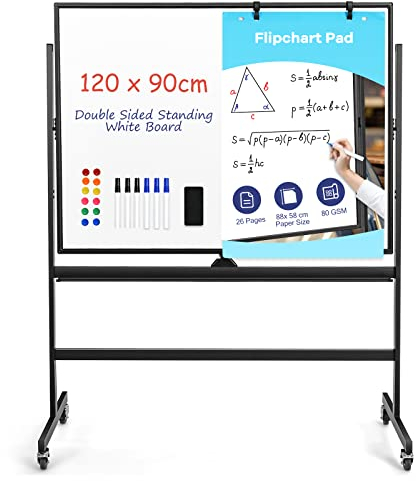 GIANTEX Mobiles Whiteboard mit Ständer, 120x90 cm Doppelseitige Magnettafel 160/188 cm höhenverstellbar & 360° drehbar, Stativdrehtafel mit Alurahmen inkl. Zubehör, magnetisches Weißtafel Home Office
