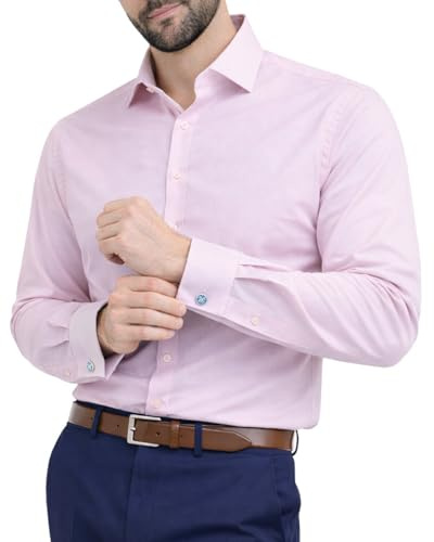 Camisas de vestir lisas de hombre,Manga larga,Doble Puño Francés con Gemelos incluidos,Ajuste regular, camisa de negocios by Janeo British Apparel. Pink, 17.5 inches