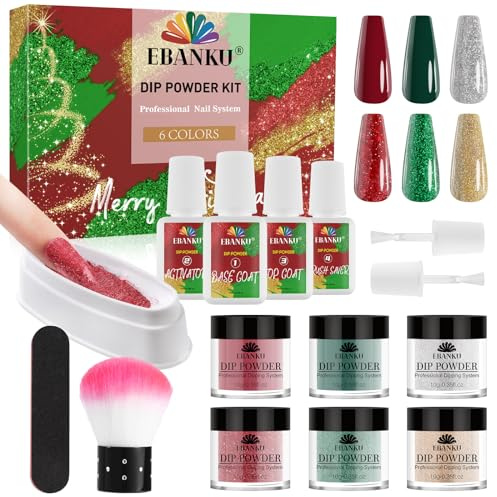 15 Stück Weihnachts Dip Pulver Set, EBANKU 6 Farben Nagel Glitzer Nagel Dip Puder Set mit Dip Flüssigkeits Set Basis/Decklack Aktivator Pinselschoner System unverzichtbares Kit für DIY Nagelstudio