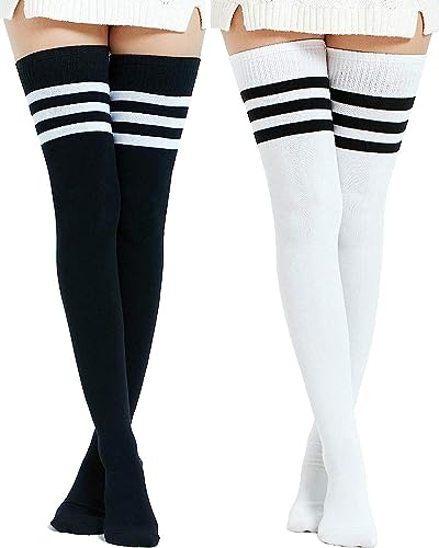 DRESHOW Extra Långa Bomullsrandiga Lårhöga Strumpor Plus Size Långa Strumpor Över Knä Strumpor för Kvinnor