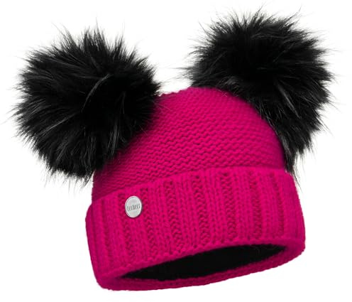 ELIMELI Bonnet d'hiver pour femme avec deux pompons - Bonnet d'hiver chaud avec pompon en fourrure synthétique - Bonnet à pompon pour femme - Bonnet à pompon pour femme - Bonnet doublé en polaire,