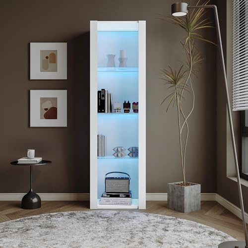 Goeria Vetrina bianca lucida con illuminazione a LED, 3 ripiani in vetro, vetrine, armadi alti, vetrine, armadi portaoggetti (55 x 38 x 166 cm)