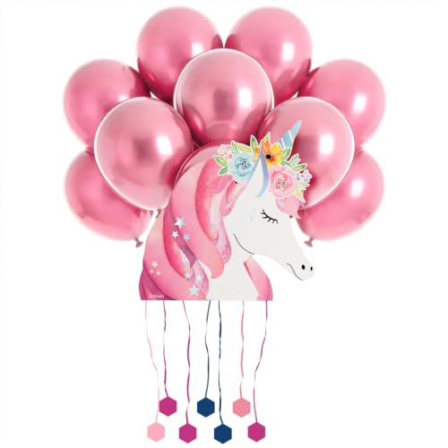 OH YEAH - Piñata Unicornio Cumpleaños Grande 40,5 x 43 cm + 10 Globos Rosa Metalizado 30cm - Decoración Fiestas Infantiles - Piñatas Grandes para Rellenar - Juguetes y Chuches - FÁCIL DE RELLENAR
