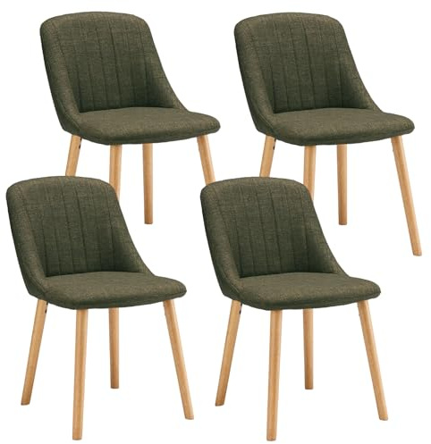 Goeurvant Chaises Salle à Manger Pieds Bois Lot de 4, Chaises Lin de Cuisine avec Dossier, Chaises Salon Modernes et Moelleuse, Vertes