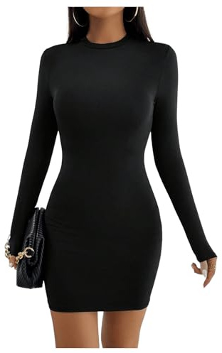 GORGLITTER Petite figurnära klänning bodycon miniklänning långärmad basic höstklänning fritidsklänning med rund hals, svart, XXS